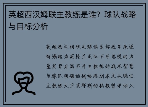 英超西汉姆联主教练是谁？球队战略与目标分析