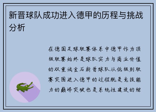 新晋球队成功进入德甲的历程与挑战分析