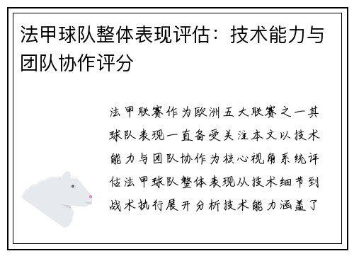 法甲球队整体表现评估：技术能力与团队协作评分